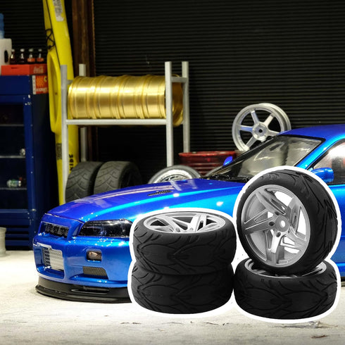 Mxfans RC 12mm Hux Wheel Rims & Rubber Tires for RC 1:10 On Road Drift Car, Pack of 4
