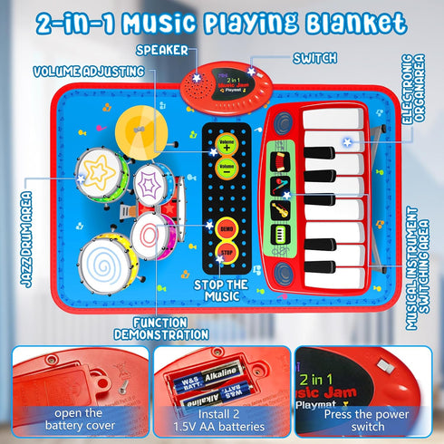 2-in-1 Musical Mat Toys - Piano Keyboard & Drum Set with 2 Drum Sticks for 1-5 Year Old Boys & Girls, Blue
