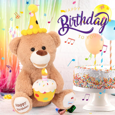 Hopearl Happy Birthday Teddy Bear with Glowing Cupcake - Musical Stuffed Animal Bear, Interactive Kids Gift, Brown