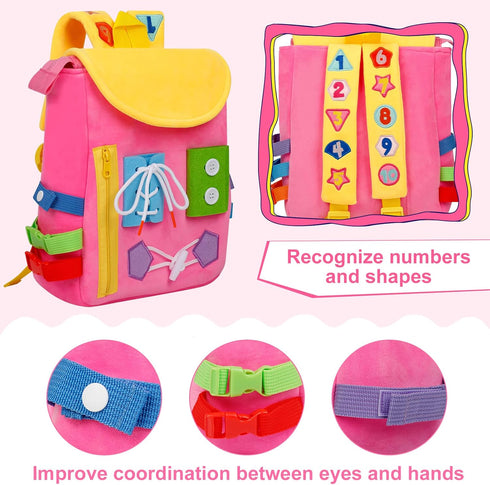 Busy Board - Toddler Backpack with Buckles and Learning Activity Toys for Fine Motor Skills and Basic Life Skills