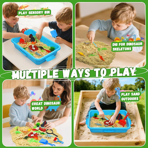 2.64lbs 3 4 5 6 7+ Dinosaur Sensory Bin with Lid, Magic Sand, Dino Figures, Skeletons & Archaeology Tools, Sensory Sand