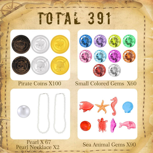 Hanaive 319 Pcs Pirate Treasure Pirate Gold Fake Coins Plastic Pirate Gems and Jewels Playset Pirate Party Decor Treasure for Pirates Themed Adventures Summer Pool Party Coins (Pirate Pattern)