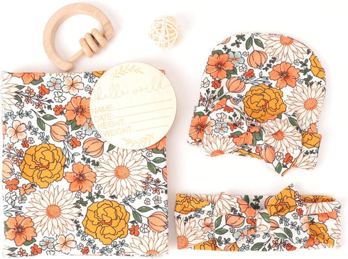 Set DRESHOW BQUBO Baby Girl Newborn Floral Receiving Blankets with Bow Hat Headband Wooden Birth Announcement Card