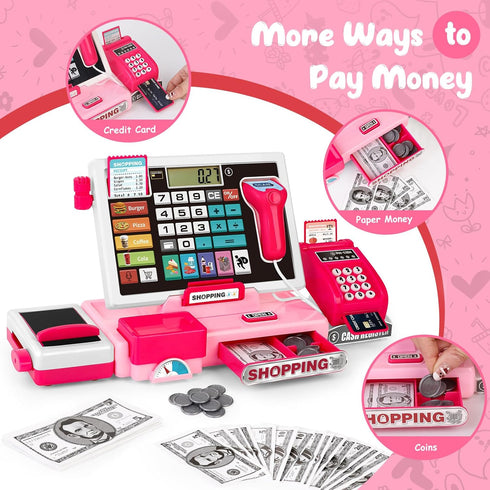 Playset, Kids Cash Register Toy Toddler Prentend Play Store with Real Calculator Cash Register with Scanner/Credit