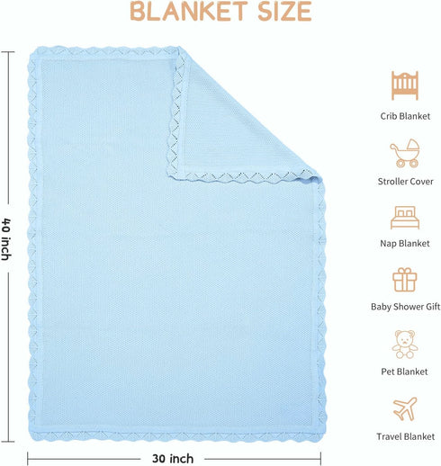 100% Cotton Baby Blanket, Knit Lace, Soft Warm Toddler Blanket, 30 x 40 Inches, Sky Blue