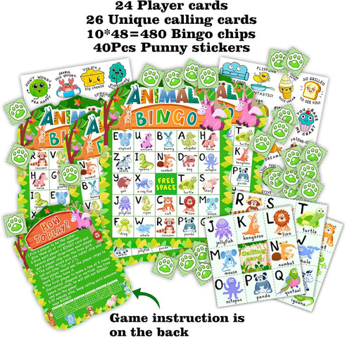 Animal Bingo Game for Kids, Toddler Adults Family - Letter Recognition Jungle Safari Party Game with 24 Players