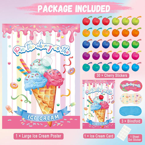 WNSIRVY 21'' 28'' 30 Pin The Cherry on The Ice Cream Game x Large Ice Cream Party Games Poster with Pcs Cherry Stickers