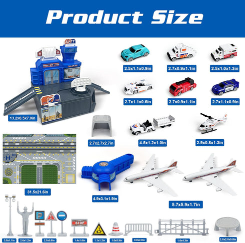 Set Airplane Toy with Trucks, Helicopter, Planes, Signs and Airport Playmat, Interactive Early Learning Toys for Boys