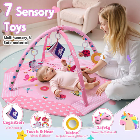 Windidi 9-in-1 Tummy 7 0-3-4-6-9-12 Unicorn Baby Gym Play Mat, Time Mat with Baby Toys, Washable Baby Activity Mat