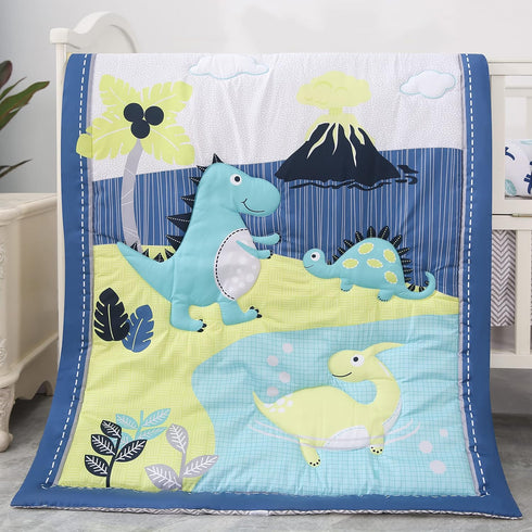 8 Set Set Stacker/3 YJM PC Dinosaur Crib Bedding for Baby Boys, Blue Nursery with Quilt/Sheet/Dust