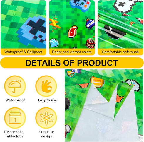 Pixel Miner Game Tablecloth for Party, 3 Pack Videogame-Themed Table Covers, 51 x 87 Inch for Kids Birthday