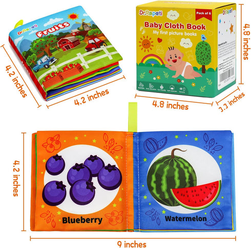 6-Pack Dr.Rapeti Soft Cloth Books Baby Books Bath Books for Baby Infant Toddler Kids Crinkle Squeaky Washable Chewable