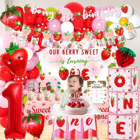 Fantspati 1st Berry First Birthday Decor Strawberry Birthday Decorations for Girls, Sweet One Birthdays Party