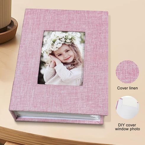 Photo Album 4x6, 100 Pockets, Linen Cover Top Loader Vertical, Slip-in Picture Pink Pockets for Wedding and Family