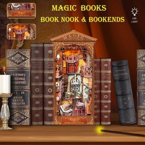 DIY Book Nook Kit by Spilay, Dollhouse Bookshelf Insert Decor Alley, Handmade Crafts Gifts with LED