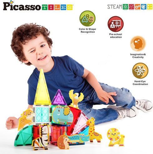 PicassoTiles 8pc Magnet Building Blocks, Safari Animal Magnetized Action Figures, Educational Learning Toyset for Ages