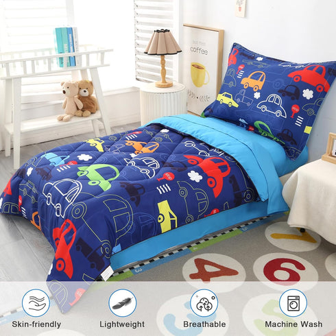 Set 4 Set, Set, Wowelife Car Toddler Bedding for Boys, Pieces Blue Toddler Bed Comforter Standard Toddler Comforter