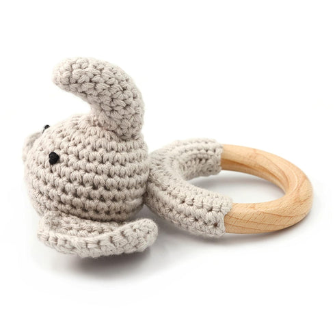 Woodland Friends Baby Rattle Shaker Toy with Wooden Teething Ring Gray Elephant