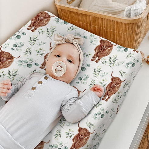Changing Pad Cover for Baby Girl Boy, Highland Cow Eucalyptus Leaf, Soft Stretchy Safe Snug Fitted Diaper Change Table