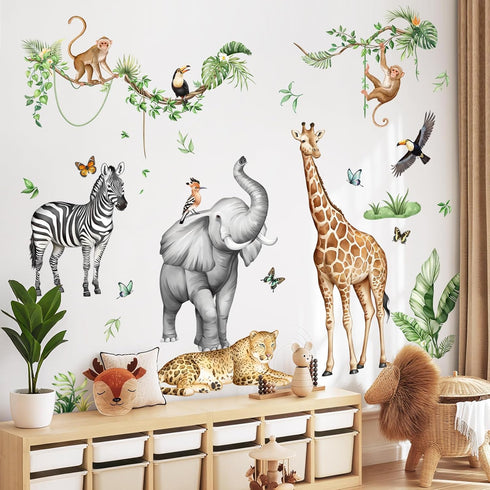 Jungle Safari Animal Wall Decals for Kids Room - Wildlife Wall Stickers Giraffe Elephant Leopard Zebra Monkey Removable
