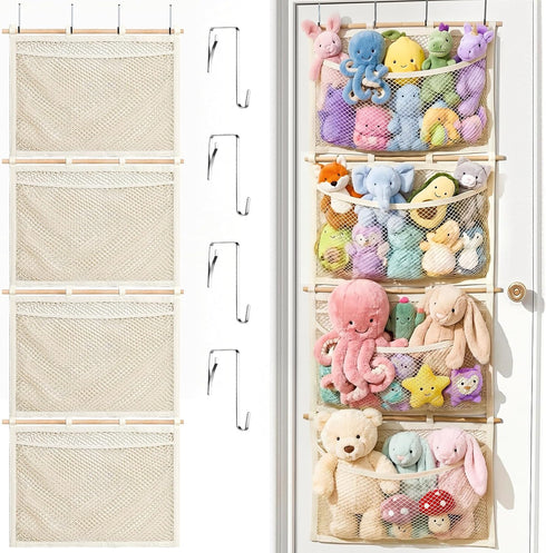 Over Door Large-Capacity Stuffed Animal Storage with Metal Hook & Wooden Stick,