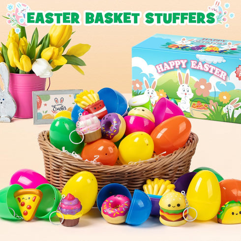 12 Pack IJIGU Prefilled Easter Eggs with Food Squishy Toys Keychains, Easter Eggs Filled for for Easter Egg Hunt