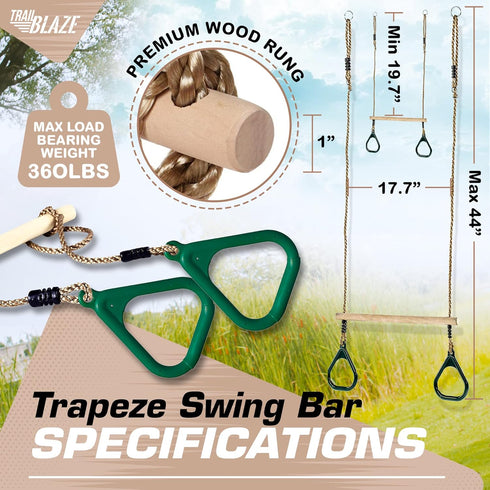 Wooden Trapeze Swing Bar for Kids, 18" Adjustable Height Monkey Bars Rings, Ninja Warrior Obstacle Course Accessories
