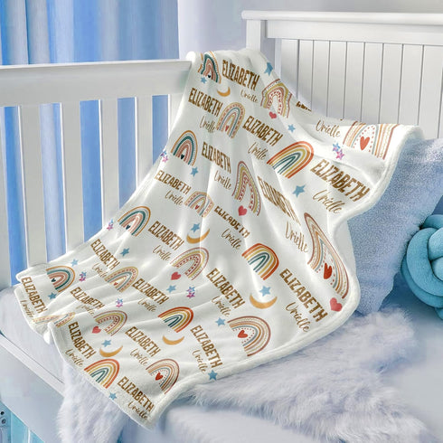 Personalized Baby Blanket with Name, Custom Baby Girl Blankets for Girls with Rainbow Decor, Name Blanket Newborn