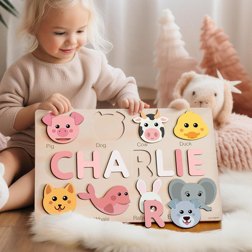 1st 0-3: Cute Name Puzzle: Personalized with Name and Animals | Birthday Gift, Wooden Toy Playful Learning Experience