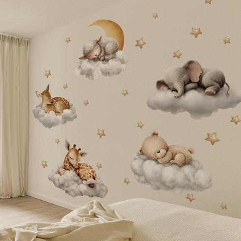 Sleeping Animals Wall Decals,Dreamy Clouds & Star Theme Art Wall Sticker Decors,Peel and Stick Elephants, Bears, Deer