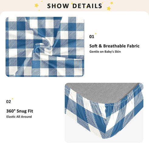 CZXW 52" 28" Navy Blue Checkered Crib Sheets Fitted x Natural Cotton Soft & Breathable for Baby Crib Mattress
