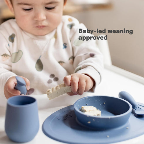 ezpz Tiny Bowl (Blue) - Silicone Suction Placemat + Bowl for Infants, Baby Led Weaning Supplies