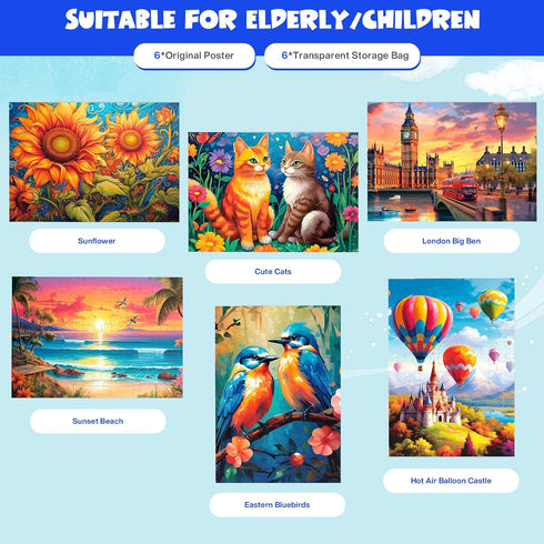 6 Packs Large Piece Jigsaw Puzzles for Elderly, Alzheimer's Cognitive Gift for Seniors, 6 Storage Bags (16&35)