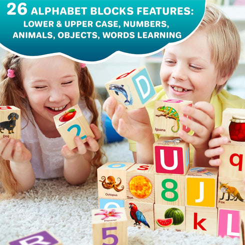 Quokka Montessori Wooden Blocks, 35 Realistic ABC Learning Baby Blocks for Toddlers 1-3, Stacking Alphabet Wood Toys