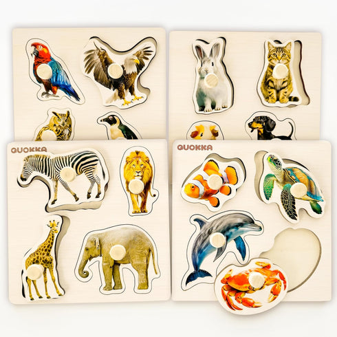 QUOKKA Wooden Puzzles for Toddlers 1-3 - 4 Set Animal and Birds Pegged Learning Toy for Kids Gift