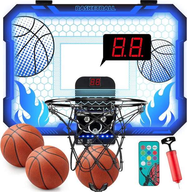 Indoor Basketball Hoop for Kids, Mini Hoop with Remote Control, 7-Color LED Lights & 3 Balls, Over Door