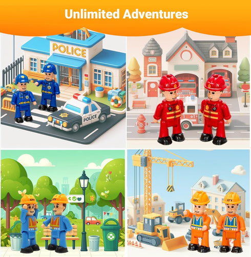 8-Set Community FUNERICA Bendable Play People Figures for Kids - Firefighters, Police Officers, Construction Workers