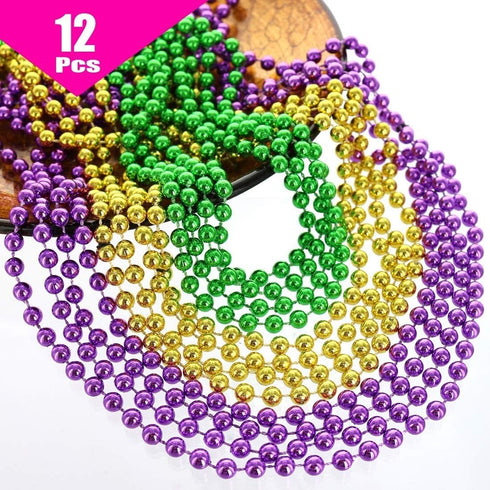 GIFTEXPRESS 12 pcs Mardi Gras Beads, 33" Multi Colors Necklaces Bundle, Metallic Colors in Gold, Green, Purple