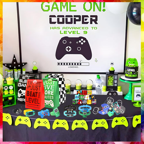 110 Pcs Video Game Party Favors, 12 Sets of Gaming Birthday Goodie Bags with Keychain, Slap Bracelet, Stickers