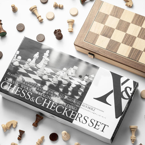 15" Set/Folding 3" /2 A&A Magnetic Wooden Chess Board / King Height German Knight Staunton Chess Pieces/Mahogany
