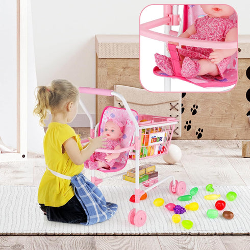 Set,Pretend 2 1 deAO Kids Shopping Cart Play Food and Shop Accessories, in Kids Grocery Trolley with Front Doll Seat