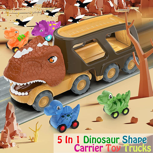 2 3 4 5 4 Pack 18+ Veslier Dinosaur Car Toy for Years Old Boys, Friction Power Carrier Truck with Small Pull Back Dino
