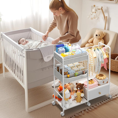 3in1 BBLIKE Diaper Caddy Organizer - Diaper Caddy & Rolling Diaper Cart with Kids Clothing Rack for Nursery and Baby