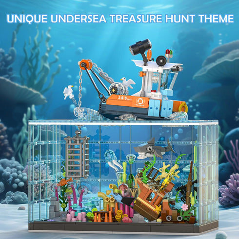 Set 830PCS Set Fish Tank Building Blocks - Ocean Treasure Hunt Building with Adventure Boat, Shark, Jellyfish & Coral