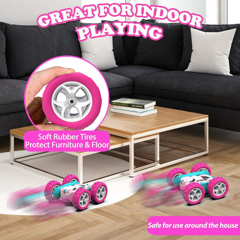 cosone Pink Remote Control Car for Girls, RC Stunt Cars with 4WD Double-Sided Driving for Kids Age 6-12