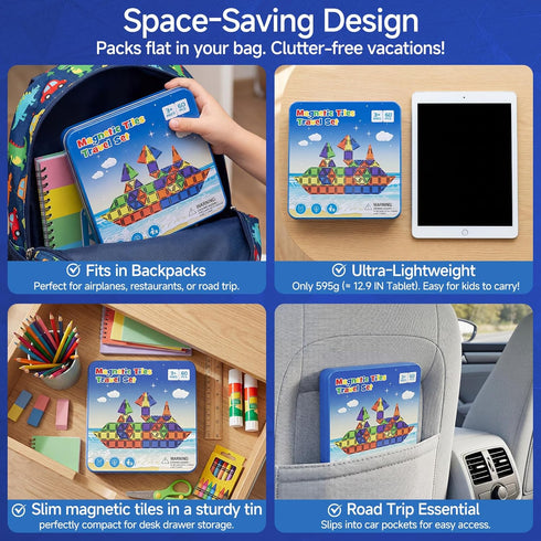 60 Set WMXDU PCS Magnetic Tiles Travel for Kids, Portable Magnetic Building Blocks with Tin Box, Car Rides Airplane