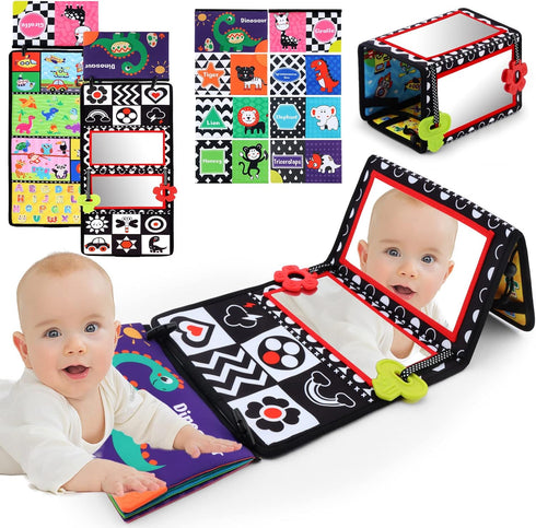 Tummy Time Floor Mirror with Crinkle Cloth Book and Teethers, Double-sided Baby