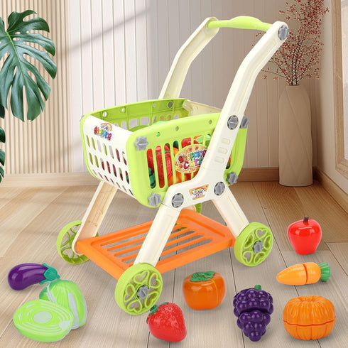 Ming You Set 2 1 3-5 Kids Shopping Cart with Cutting Play Food for Kid Kitchen, in Shopping Cart for Kids Grocery Store