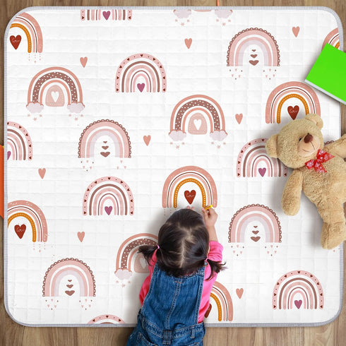Boho Rainbow Portable Baby Play Mat, 43 x 43 Inch Washable Foldable Crawling Mat, Non Slip Playmat for Babies