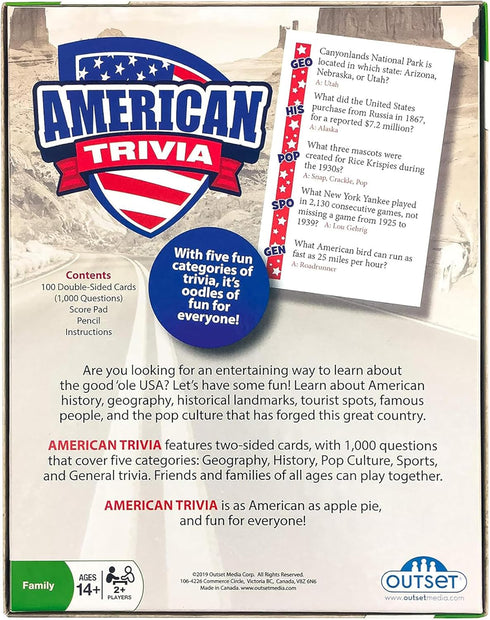 Outset Media American Trivia Game (Amazon Exclusive) – 5 categories to choose from and 1,000 questions – for ages 14 and up